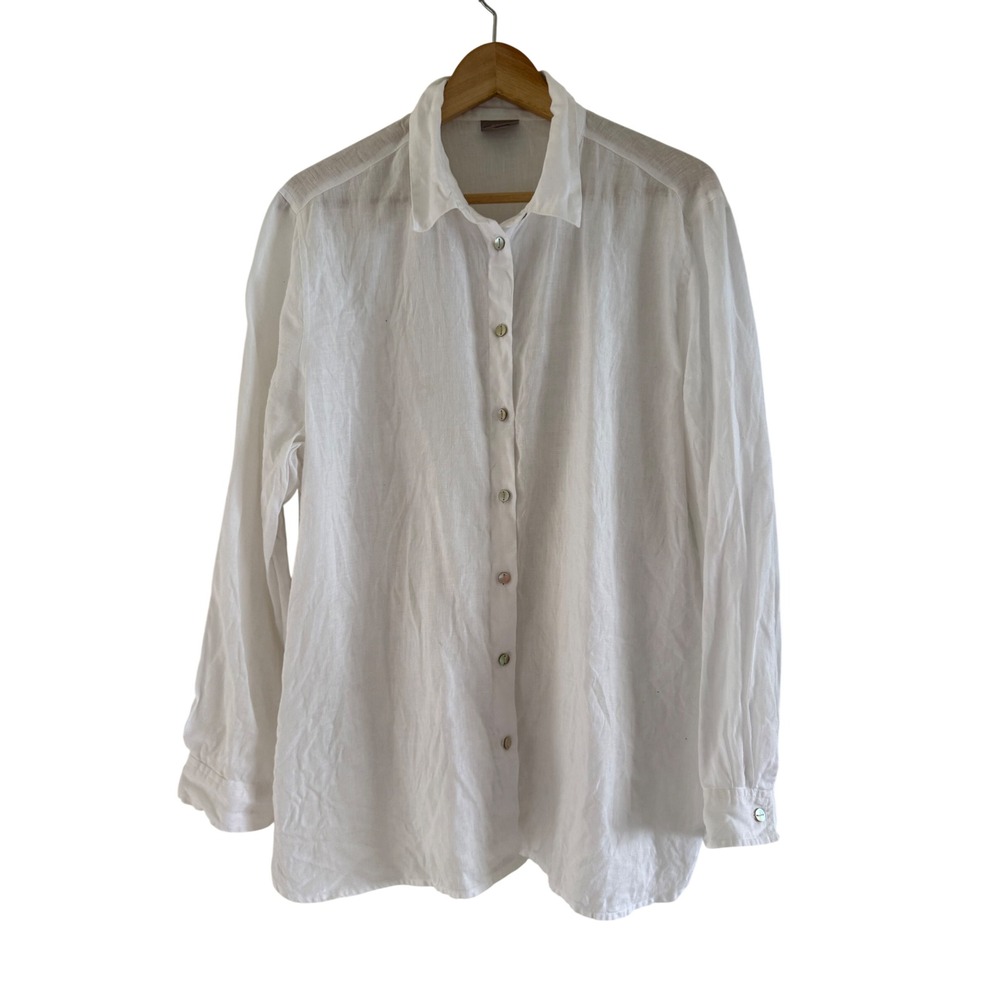 J. Jill White 100% Linen Button Down Shirt Long Sleeve Collared Top Large